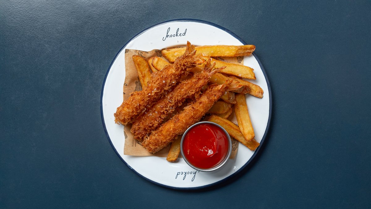 KIDS Prawns & Chips – Friterede rejer, grove fritter & ketchup