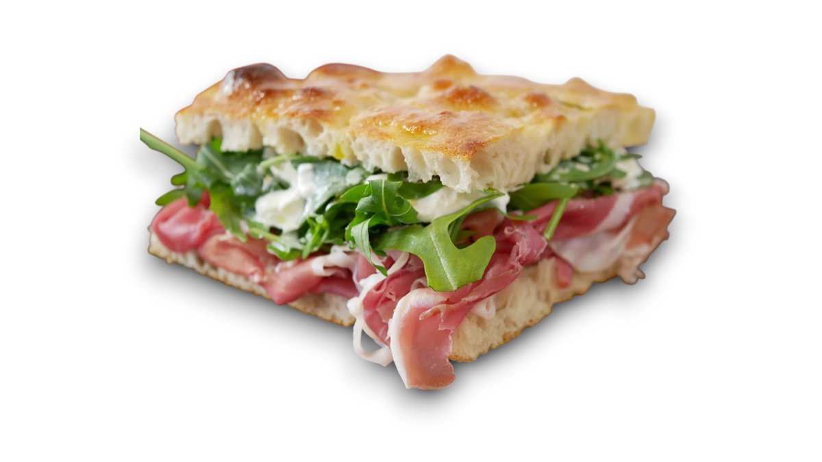 Focaccia Prosciutto – Με burrata, prosciutto crudo, ντοματίνια, ρόκα, flakes παρμε...